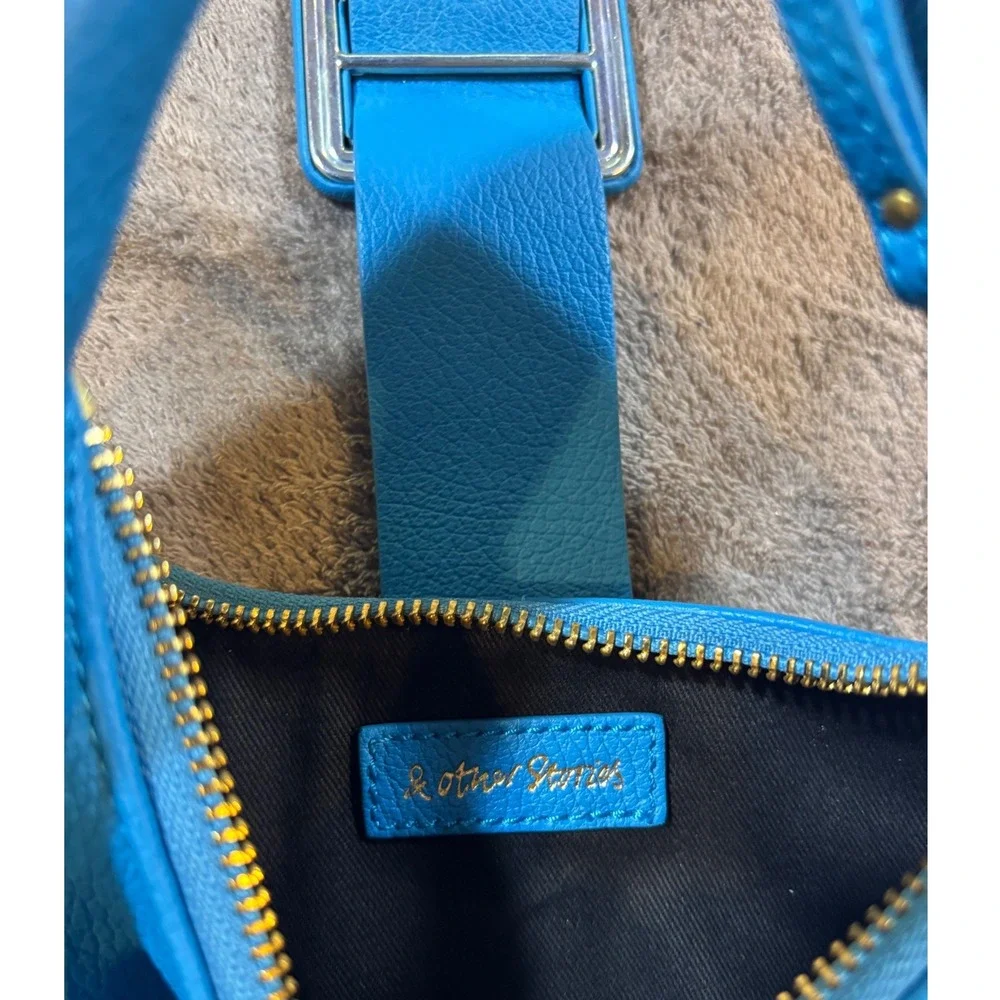 & Other Stories Blue Pebbled Leather Mini Buckle Bag Hobo Handbag Gold Hardware